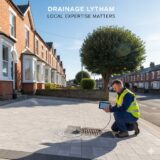 A professional drainage technician performing a CCTV drain survey on a residential driveway in Lytham St Annes to identify blockages and structural issues.